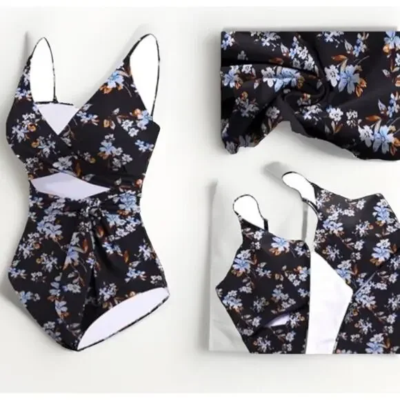 AIMAGE Womens One-Piece Swimsuit Large Floral Wrap Crisscross High Waist - Picture 2 of 9